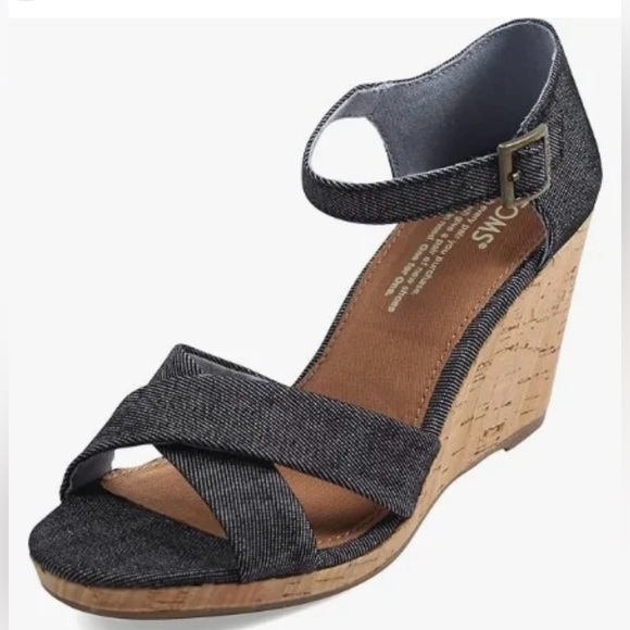 Toms Shoes - TOMS Sienna Wedge Black Metallic Denim Sandal size 7.5W